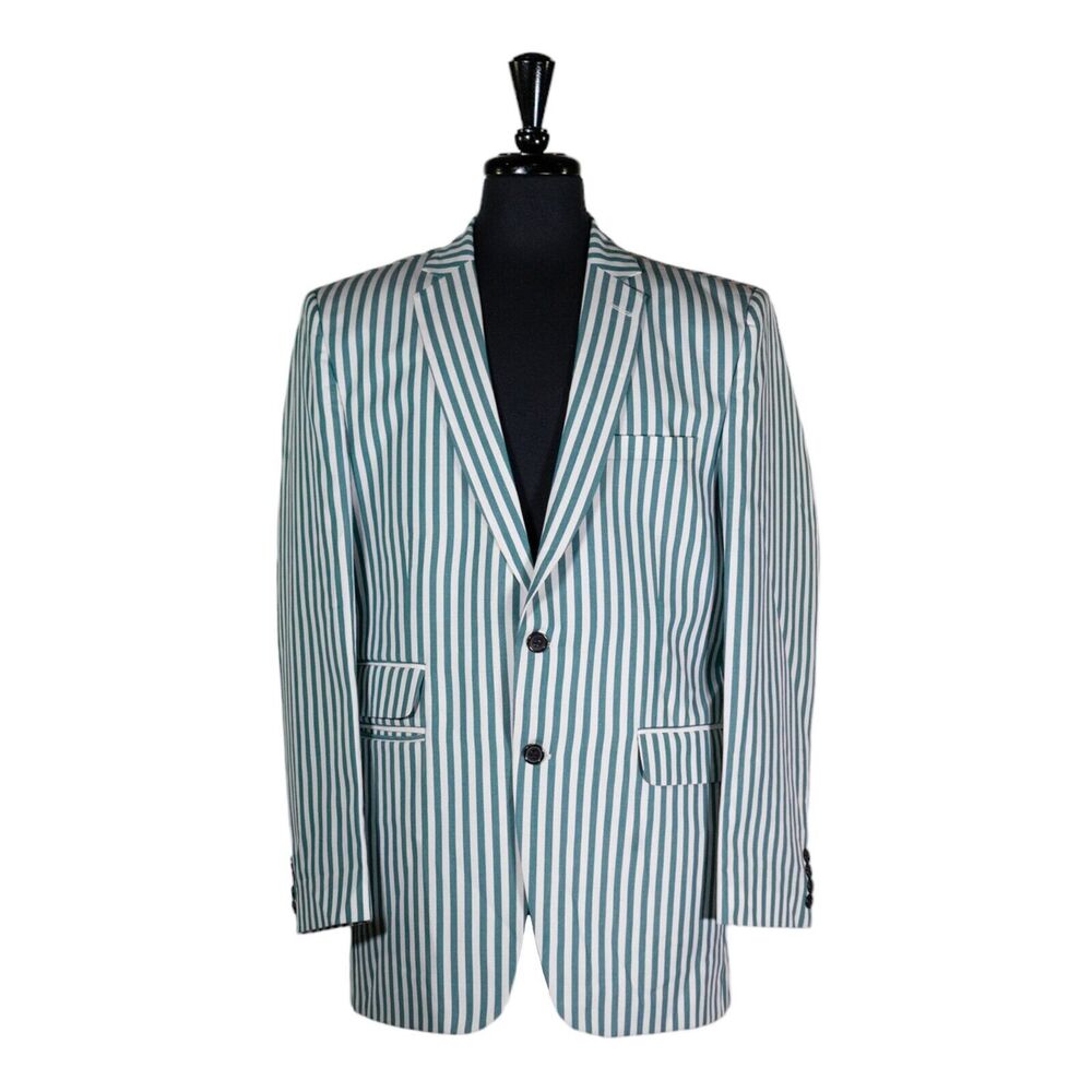 Mens Blazer Green White Striped Cotton Formal Suit Jacket Wedding Sport Coat 42R